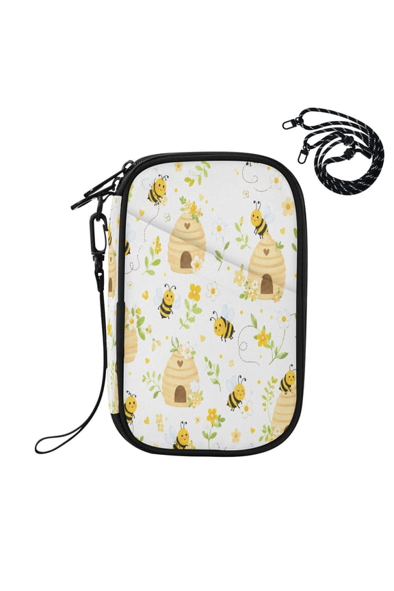 RFID Blocking Travel Passport Wallet Sweet Honey Bee Pattern Water Resistant Document Organizer, Multi Pockets Anti-Theft Card Holder with Detachable Strap for Travel Vacation