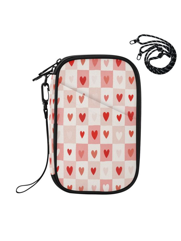 RFID Blocking Travel Passport Wallet Sweetheart Grid Of Love Water Resistant Document Organizer, Multi Pockets Anti-Theft Card Holder with Detachable Strap for Travel Vacation