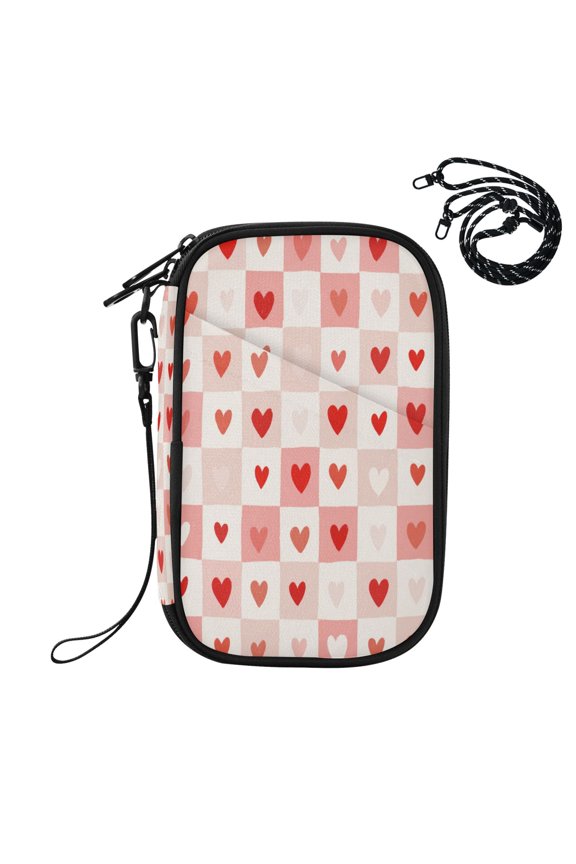 RFID Blocking Travel Passport Wallet Sweetheart Grid Of Love Water Resistant Document Organizer, Multi Pockets Anti-Theft Card Holder with Detachable Strap for Travel Vacation