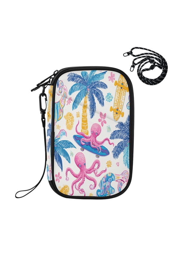 RFID Blocking Travel Passport Wallet Tropical Octopus Skate Pattern Water Resistant Document Organizer, Multi Pockets Anti-Theft Card Holder with Detachable Strap for Travel Vacation