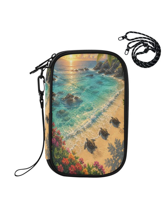 RFID Blocking Travel Passport Wallet Tropical Shore Sunset Turtles Water Resistant Document Organizer, Multi Pockets Anti-Theft Card Holder with Detachable Strap for Travel Vacation