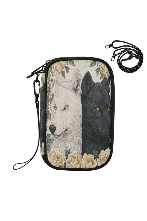 RFID Blocking Travel Passport Wallet Two Black and White Wolves Water Resistant Document Organizer, Multi Pockets Anti-Theft Card Holder with Detachable Strap for Travel Vacation