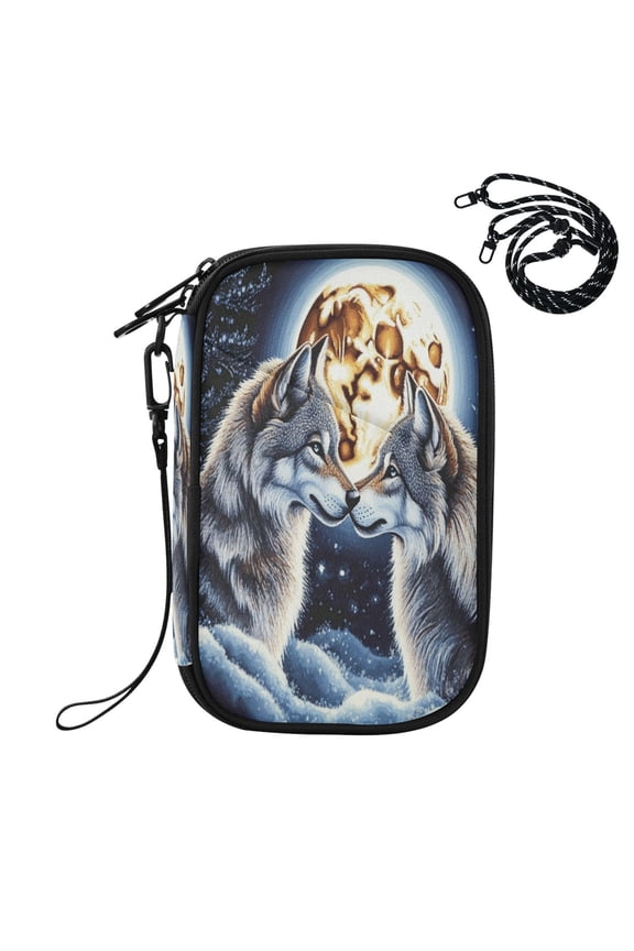 RFID Blocking Travel Passport Wallet Two Wolves under Full Moon Water Resistant Document Organizer, Multi Pockets Anti-Theft Card Holder with Detachable Strap for Travel Vacation