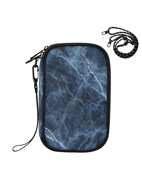 RFID Blocking Travel Passport Wallet Waves Of Midnight Blue Marble Water Resistant Document Organizer, Multi Pockets Anti-Theft Card Holder with Detachable Strap for Travel Vacation