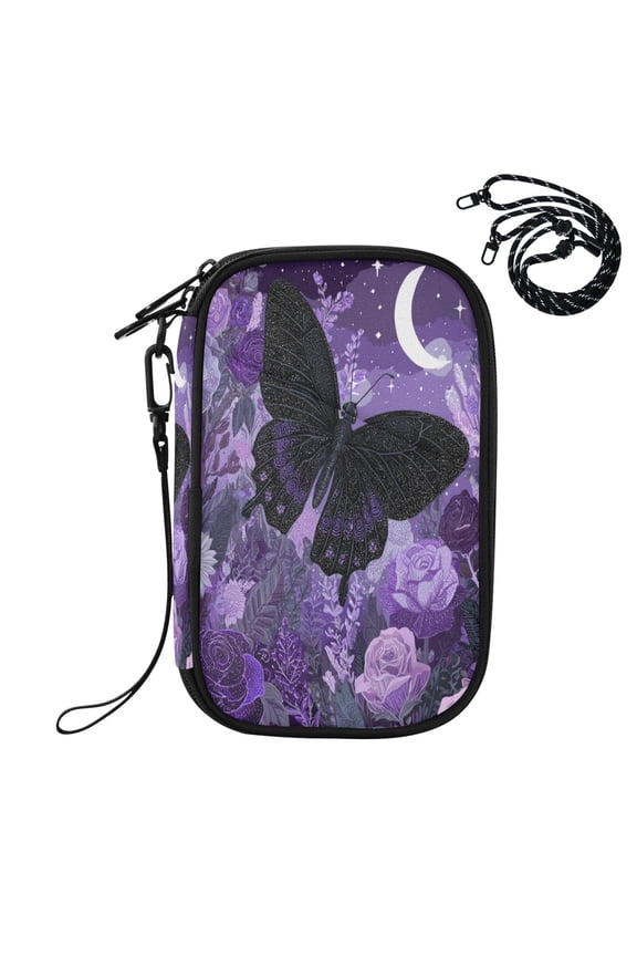 RFID Blocking Travel Passport Wallet Witchy Crescent Moon Butterfly Print Water Resistant Document Organizer, Multi Pockets Anti-Theft Card Holder with Detachable Strap for Travel Vacation