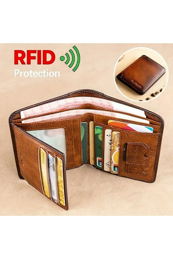 RFID Blocking Trifold Genuine Leather Wallets for Men, Vintage Short Multi Function Credit Card Holder,Money Clips with 2 ID Windows Give Gifts to Men (Brown)