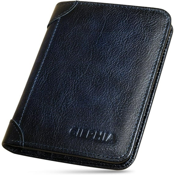 RFID Blocking Trifold Genuine Leather Wallets for Men, Vintage Short Multi Function Credit Card Holder,Money Clips with 2 ID Windows Give Gifts to Men (Deep Blue)