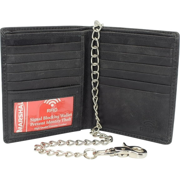 RFID Blocking Vintage Leather Slim Hipster Bifold Biker Long Chain Wallet for Men Black