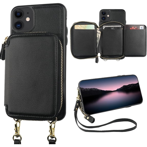 RFID Blocking Wallet Case for iPhone 11, Adjustable Crossbody Zipper Purse Case Card Holder with Kickstand Detachable Wrist Strap, PU Leather Flip Folio Case 6.1 Inch (Black)