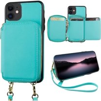 RFID Blocking Wallet Case for iPhone 11, Adjustable Crossbody Zipper Purse Case Card Holder with Kickstand Detachable Wrist Strap, PU Leather Flip Folio Case 6.1 Inch (Mint Green)