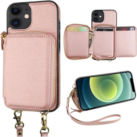 RFID Blocking Wallet Case for iPhone 12/12 Pro, Adjustable Crossbody Zipper Purse Case Card Holder with Kickstand Detachable Wrist Strap, PU Leather Flip Folio Case 6.1 Inch 5G (Rose Gold)