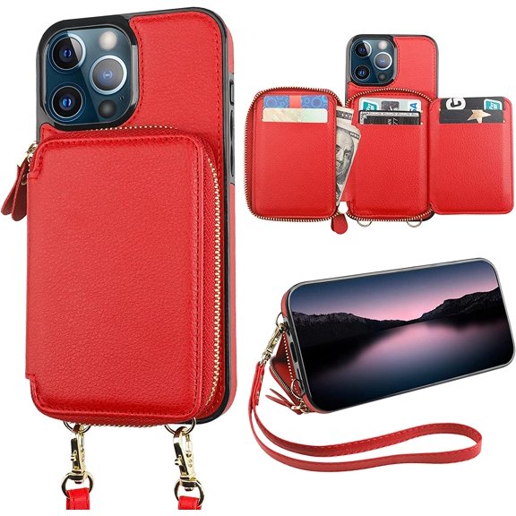 RFID Blocking Wallet Case for iPhone 13 Pro Max, Adjustable Crossbody Zipper Purse with Kickstand and Detachable Wrist Strap, PU Leather Flip Folio Case 6.7 Inch 5G (Red)