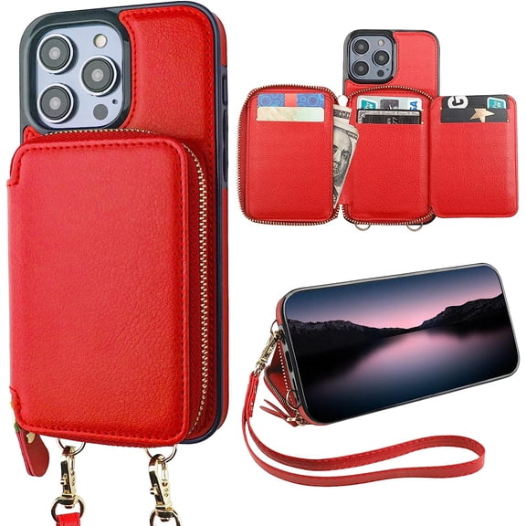 RFID Blocking Wallet Case for iPhone 14 Pro Max, Adjustable Crossbody Zipper Purse Case Card Holder with Kickstand Detachable Wrist Strap, PU Leather Flip Folio Case 6.7 Inch 5G (Red)