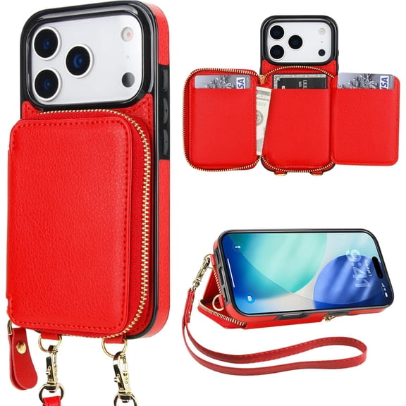 RFID Blocking Wallet Case for iPhone 17 Pro, Adjustable Crossbody Zipper Purse Case Card Holder with Kickstand Detachable Wrist Strap, PU Leather Flip Folio Case 6.3 Inch 5G (Red)