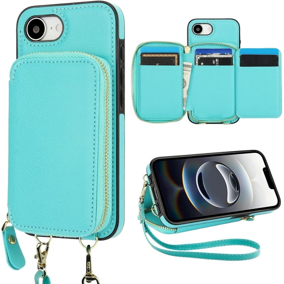 RFID Blocking Wallet Case for iPhone 17e/16e, Adjustable Crossbody Zipper Purse Case Card Holder with Kickstand Detachable Wrist Strap, PU Leather Flip Folio Case 6.1 Inch 5G (Mint Green)