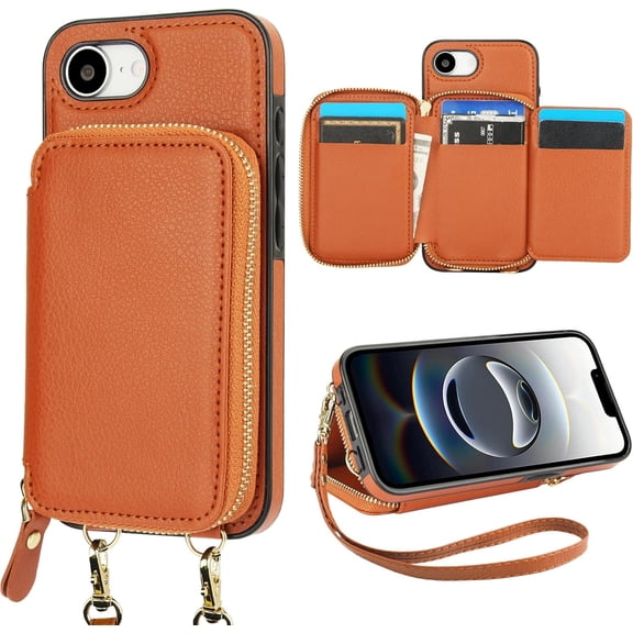 RFID Blocking Wallet Case for iPhone 17e/16e, Adjustable Crossbody Zipper Purse Case Card Holder with Kickstand Detachable Wrist Strap, PU Leather Flip Folio Case 6.1 Inch 5G (Brown)