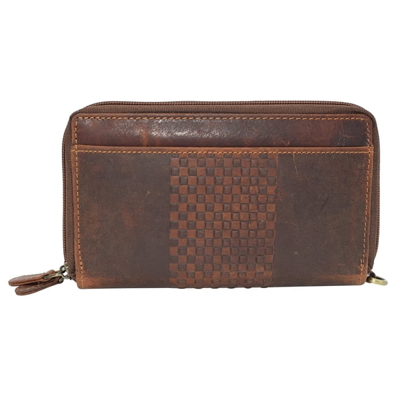 RFID Blocking Wallets for Women Vintage Leather Double Zipper Clutch Checkbook Ladies Wallet Brown RHU