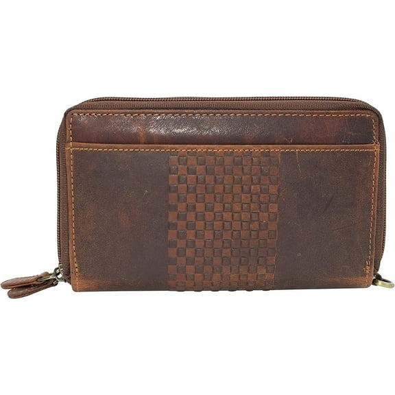 RFID Blocking Wallets for Women Vintage Leather Double Zipper Clutch Checkbook Ladies Wallet Brown RHU