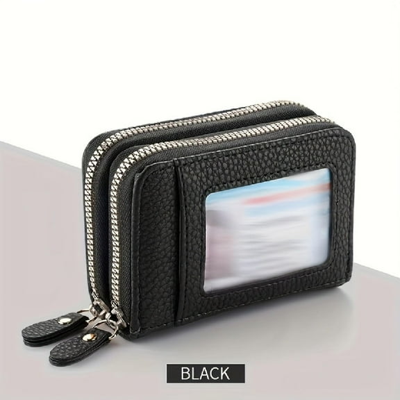 RFID Credit Card Holder Double Zipper Card Case Small Wallets for Women Leather Change Wallet - Black