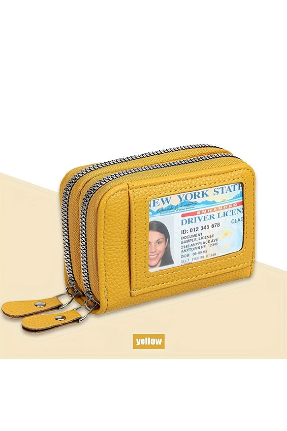 RFID Credit Card Holder Double Zipper Card Case Small Wallets for Women Leather Change Wallet - Yellow