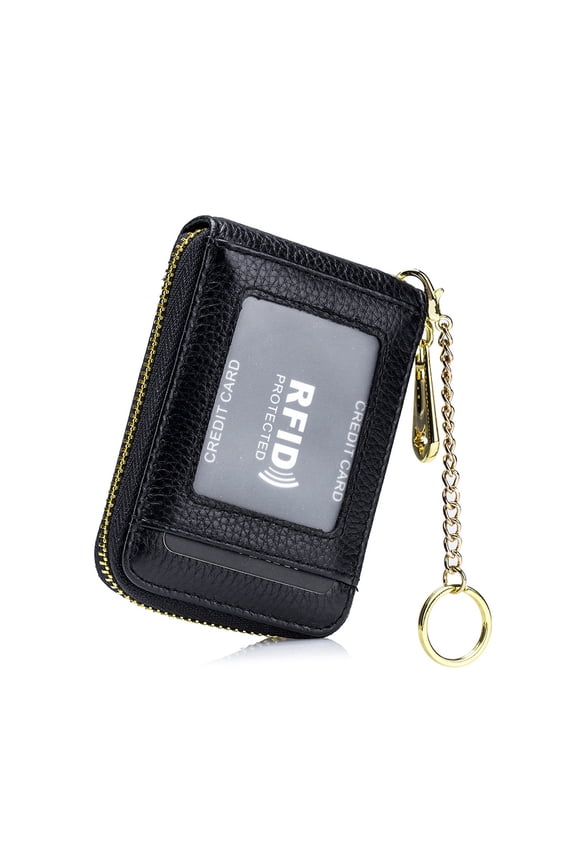 RFID Credit Card Holder Wallet For Women Men Small Zipper Card Case Leather-black