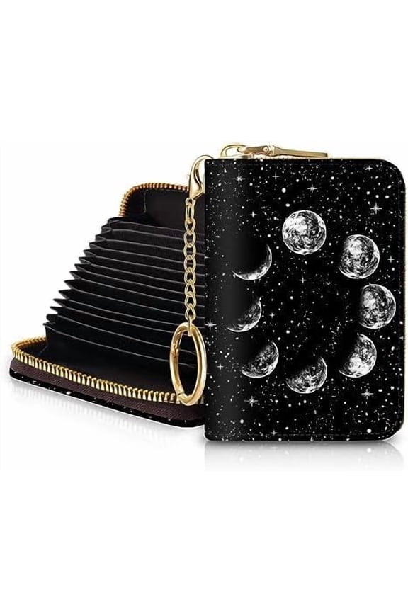 RFID Credit Card Holder Wallets for Women, Moon Phase Night Small Card Case Wallet with Keychain and Zipper, Leather Card Holder Pocket Business Card Accordion Wallet
