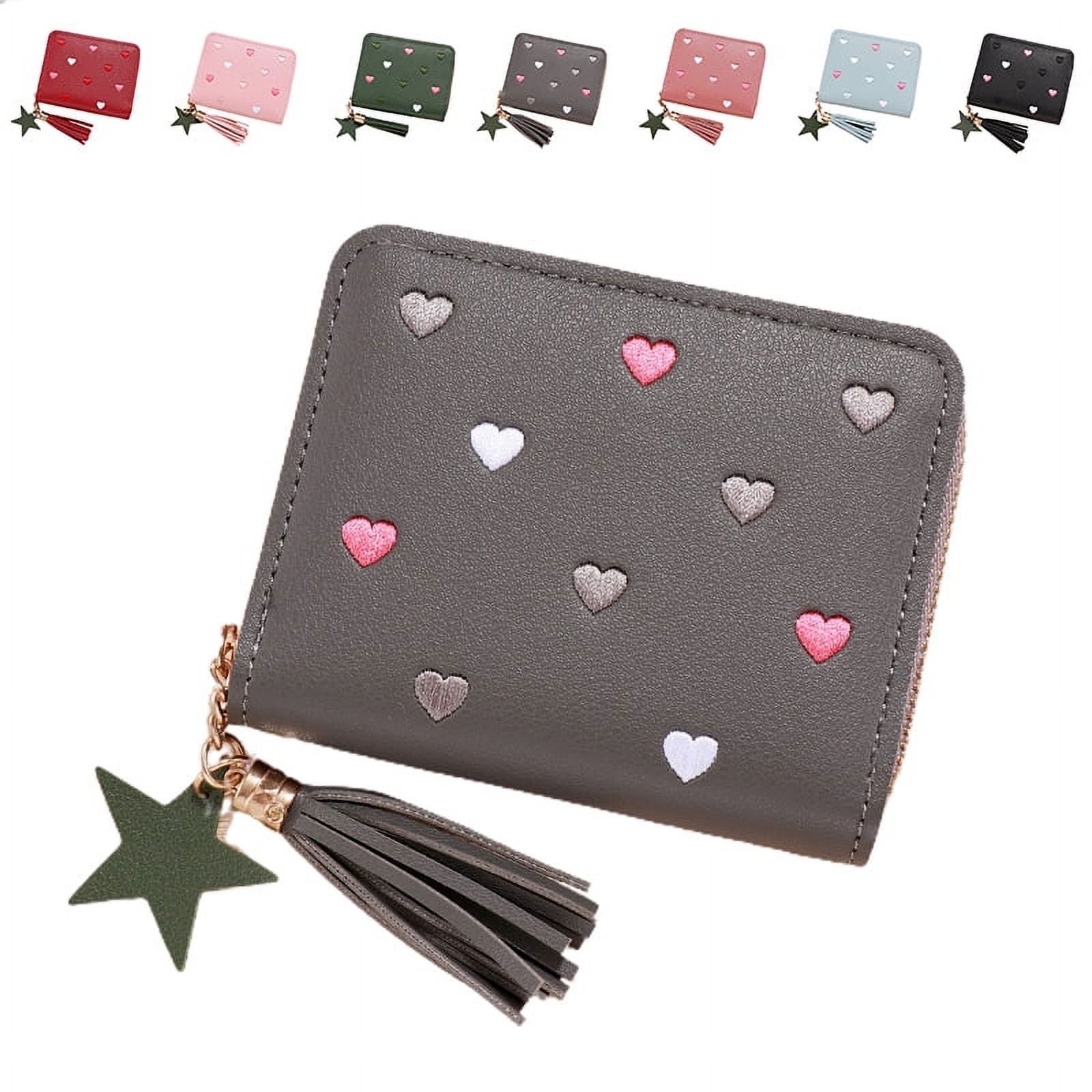 MuLier Genuine Leather RFID Blocking Card Holder - Zip Around Purse With Tassels, Dark Pink - View #9