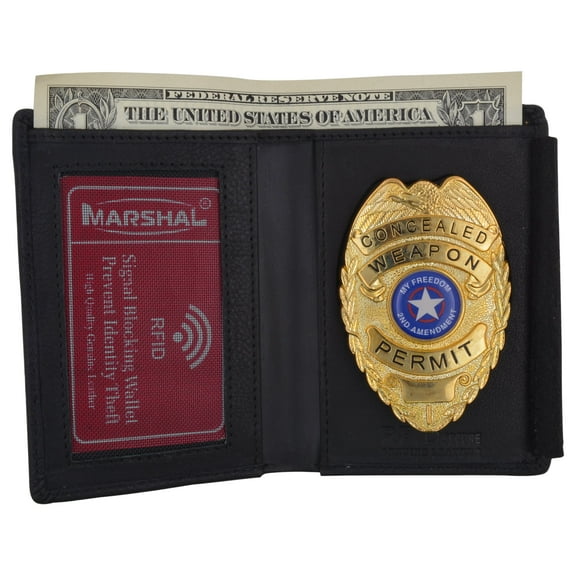 RFID Genuine Leather Black Slim Thin Bifold ID Money Wallet Oval Shape Badge Holder