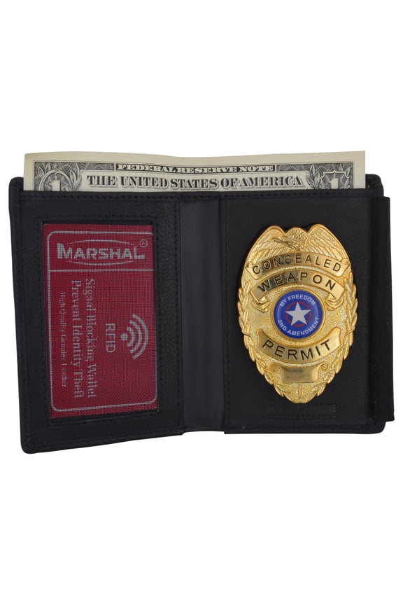 RFID Genuine Leather Black Slim Thin Bifold ID Money Wallet Oval Shape Badge Holder