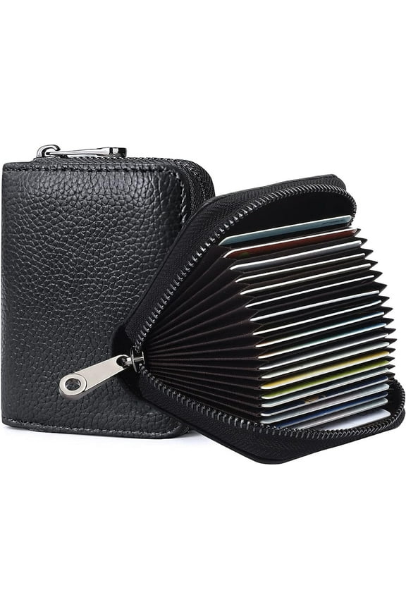 Genuine Leather Credit Card Holder Zipper Wallet With 20 Card Slots for Women Men, Black