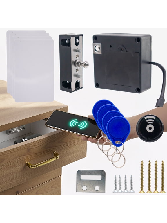 RFID Cabinet Lock  Keyless Hidden Access with Phone NFC Unlock, Battery or USB Powered Kit with 4 Cards 4 Keys for Drawers Cabinets