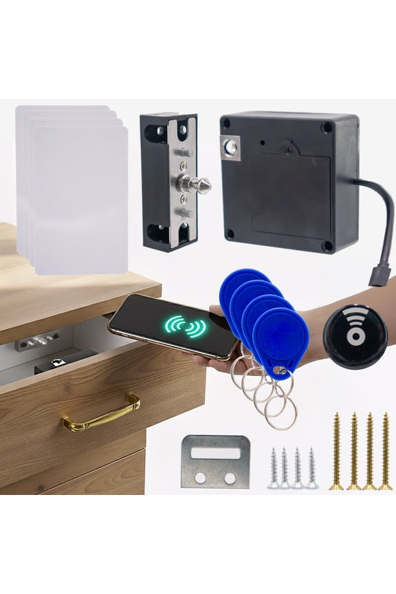 RFID Cabinet Lock Keyless Hidden Access with Phone NFC Unlock, Battery or USB Powered Kit with 4 Cards 4 Keys for Drawers Cabinets