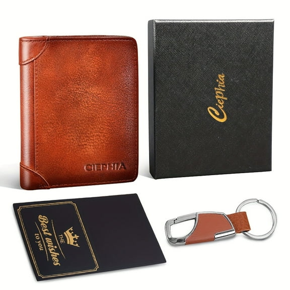 RFID Leather Wallet - Father's Day Gifts for Men, RFID Blocking Trifold Genuine Top Layer Cowhide, Multi-Function Credit Card Holder with 2 ID Windows, Money Clip, Ideal Gift Wallet for Dad​