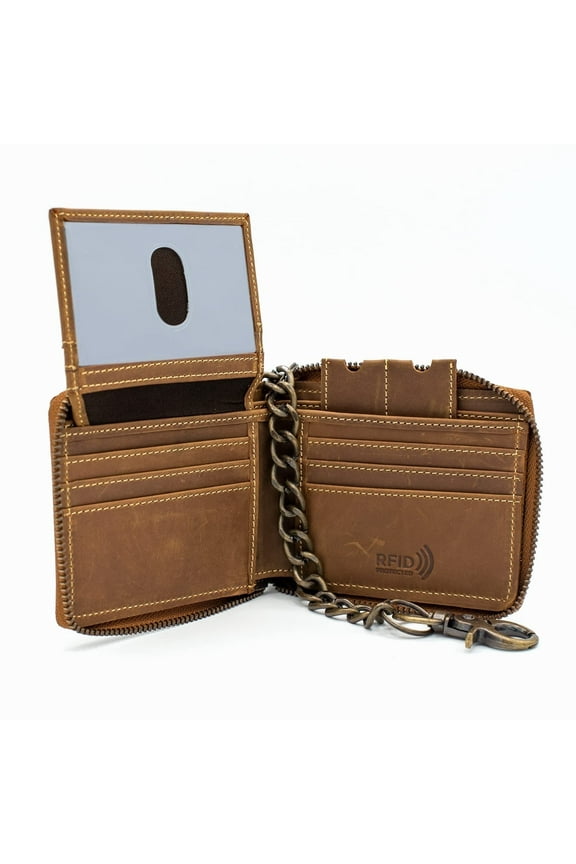 RFID Men's Leather Zipper Wallet Zip Around Chain Wallet Bifold