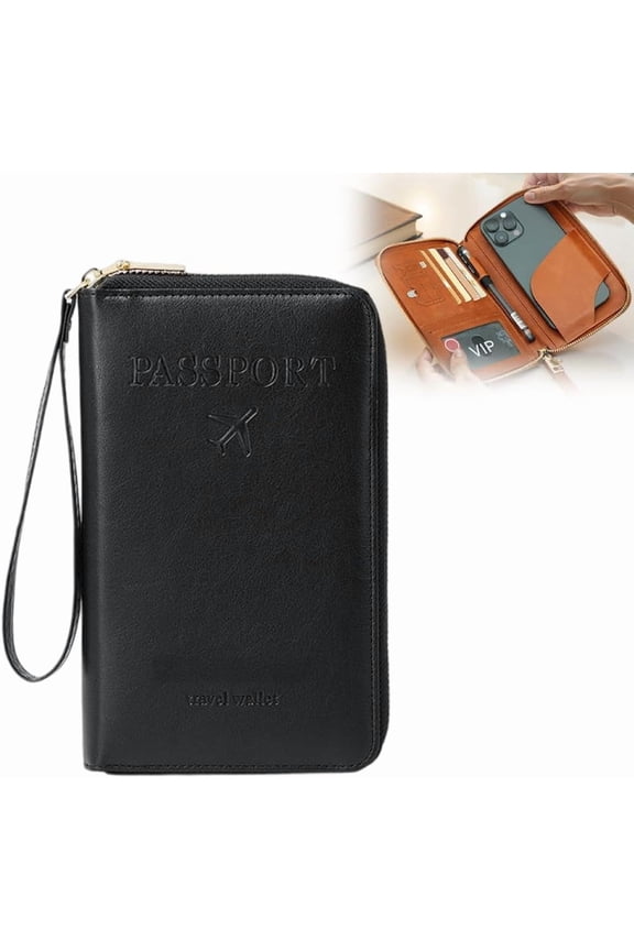 RFID Passport Holder Wallet - Multi-Functional Travel Wallet for Women & Men with Card Slots & Pen Holder, RFID Blocking (black)