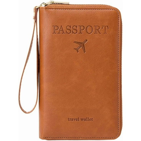 RFID Passport Holder Wallet - Multi-Functional Travel Wallet for Women & Men with Card Slots & Pen Holder, RFID Blocking (brown)