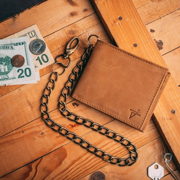 RFID Safe Biker Khaki Tan Leather Slim Bi-Fold Chain Wallet for Men J520