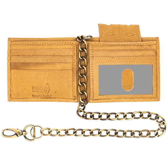 RFID Safe Biker Khaki Tan Leather Slim Bi-Fold Chain Wallet for Men J520