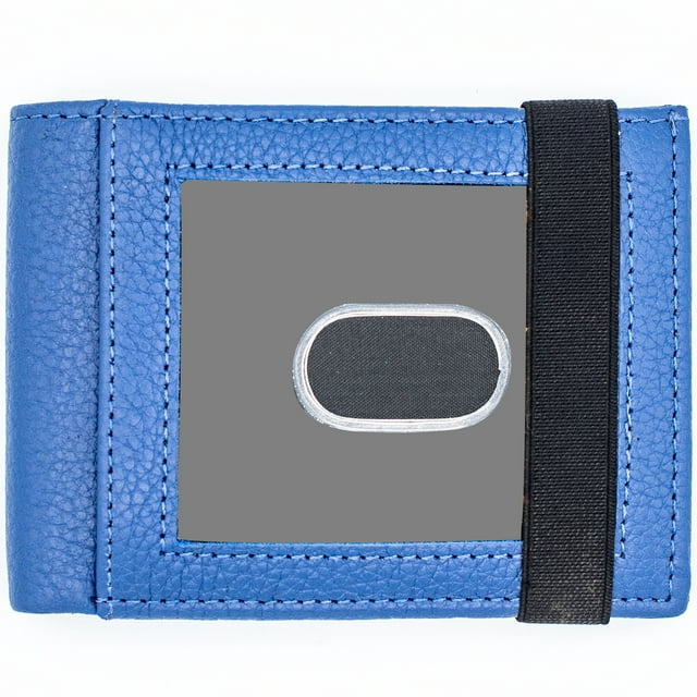 RFID Safe Biker Men's Soft Leather Bifold Chain Wallet with Elastic Card Case Navy