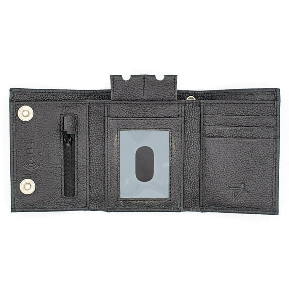 RFID Safe Biker’s Leather Black Trifold Wallet Without Chain Key Holder Zip Pocket by Juzar Tapal Collection