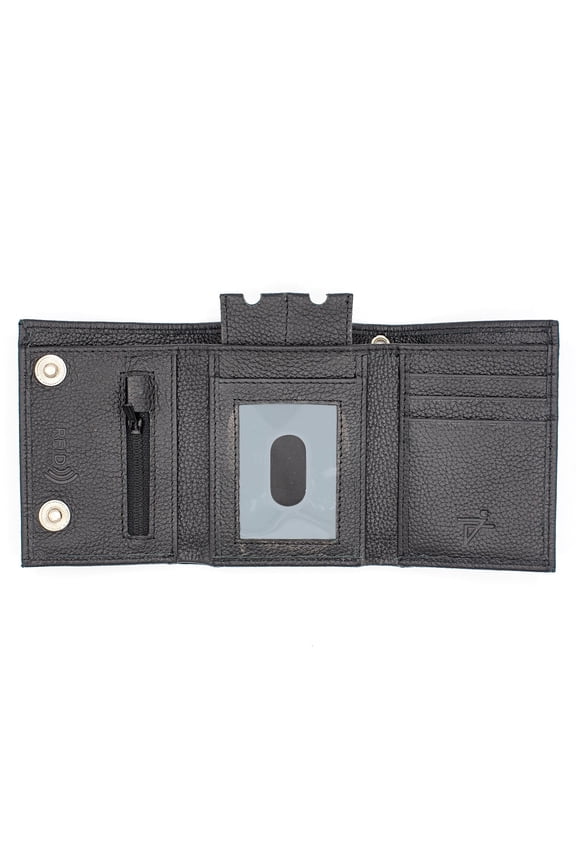 RFID Safe Biker’s Leather Black Trifold Wallet Without Chain Key Holder Zip Pocket by Juzar Tapal Collection