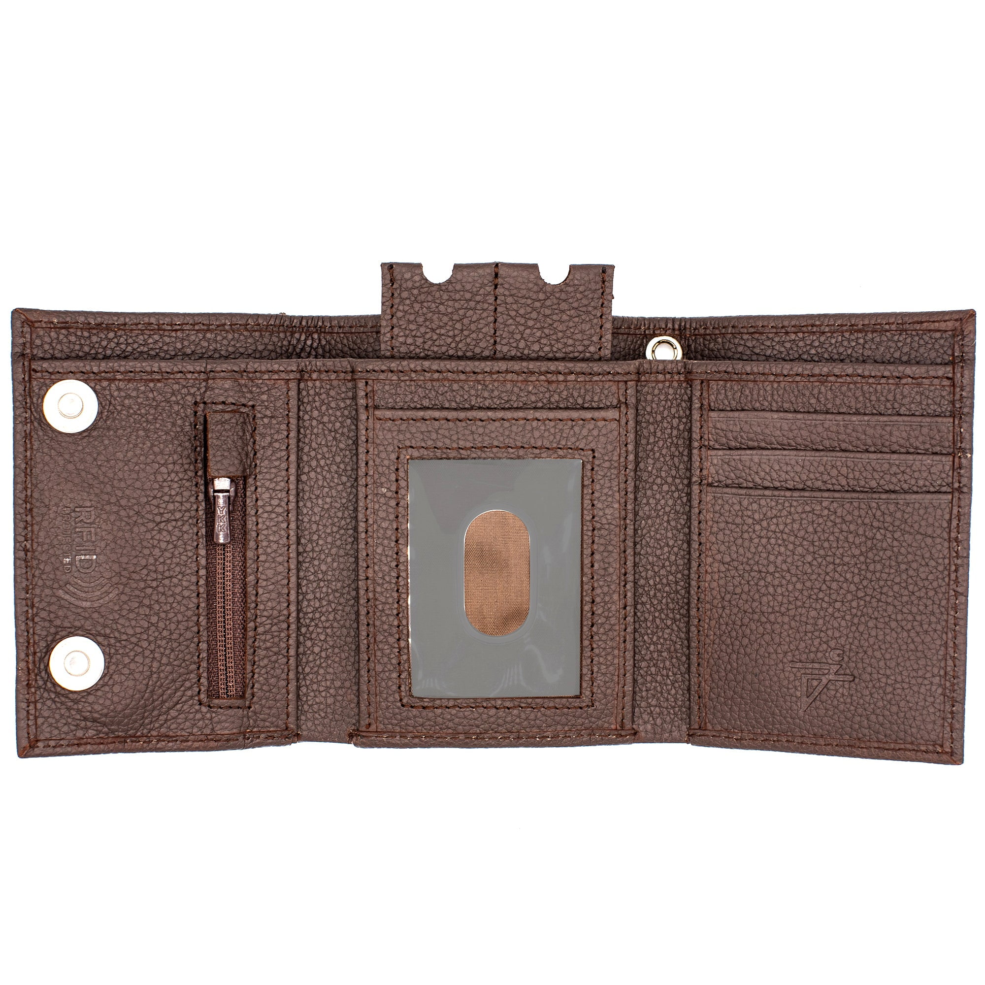 RFID safe Leather Trifold Chain Wallet for Men Dark Brown Long checkbook  J312B