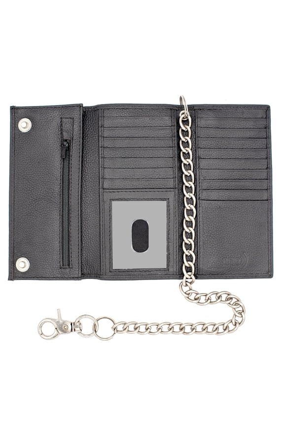 RFID Safe Black Leather Long Checkbook Trifold Chain Wallet for Men Snap Closure - J212B