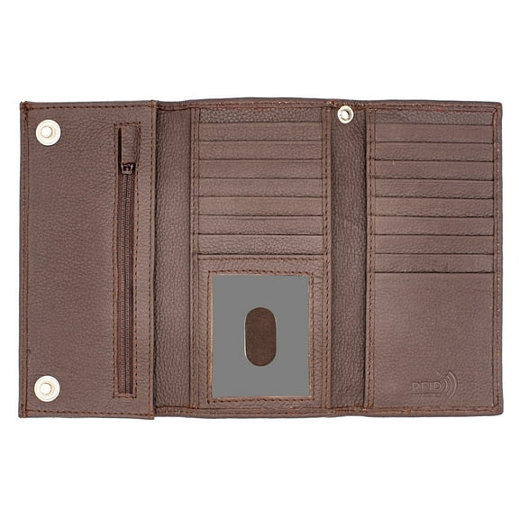 RFID Safe Leather Long Checkbook Trifold Chain Wallet for Men Snap Closure