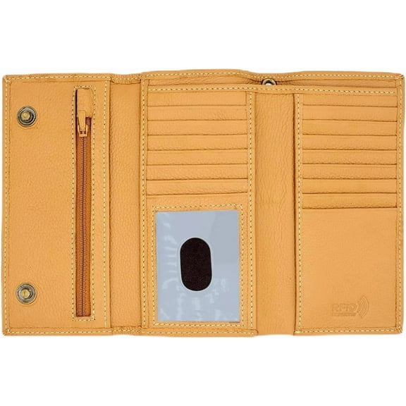 RFID Safe Leather Long Checkbook Trifold Chain Wallet for Men Snap Closure