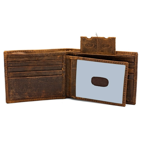 RFID Safe Men Leather Bi-fold Wallet for Men Billfold Center Flip-ID 14 Card slot Thumb ID Zip Bill Slot Key Holder