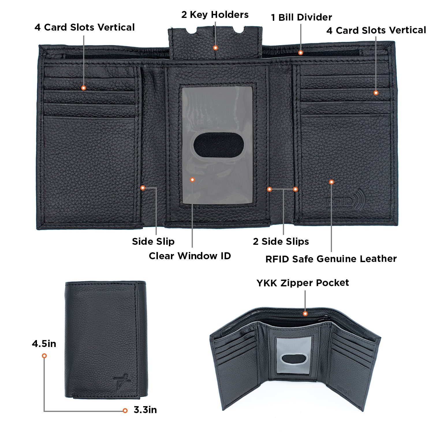 RFID Safe Men's Trifold Real Leather Black Wallet Thumb ID & Key Holder