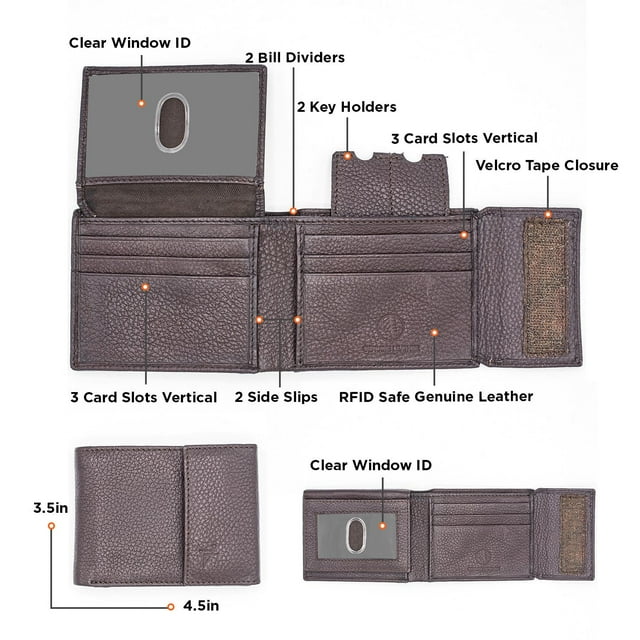 RFID Safe Real Leather Bi-Fold for Men Velcro Closer with Key Holder & Window&nbsp;ID Brown By J.T.C
