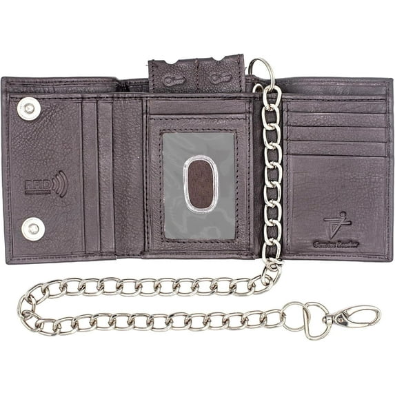 RFID Safe Wallet Trifold Wallet with Chain Attached Pure Leather & Key Holder ID Window