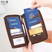 RFID Shielded Travel Document Holder, Zipper Faux Leather Passport Clutch Multi Pockets for Airplane Trip